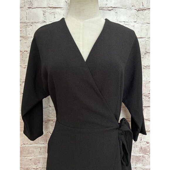TOPSHOP Wrap Dress US 4 Black LBD Knee Length Pockets Crepe Stretch NEW - Picture 2 of 6